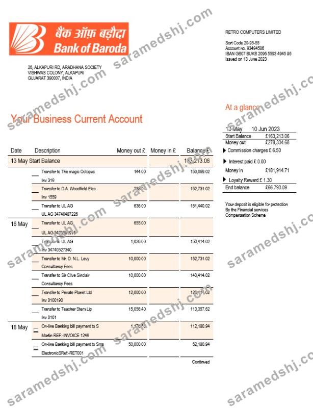 Bank of Baroda company checking account statement Word and PDF template